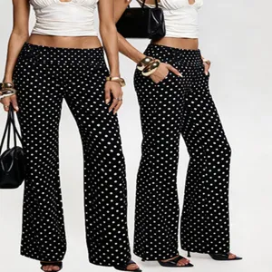 Women Low Rise Polka Dot Flare Pants Vintage Slim Fit Polyester Full Length Wide Leg Flared Trousers