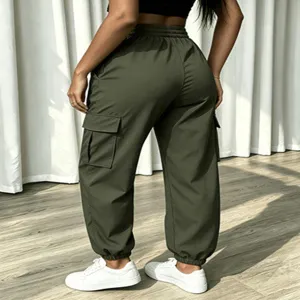 Casual solid color cargo pants with multiple pockets and high waist design for women detail view