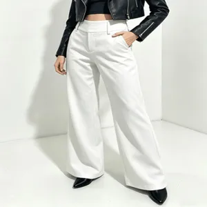 White high-waisted wide-leg trousers detail shot, premium drape fabric and tailored fit.