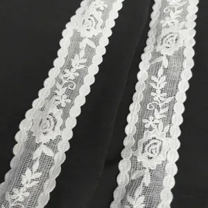 White lace trim detail showing floral embroidery and scalloped edge for apparel decoration.