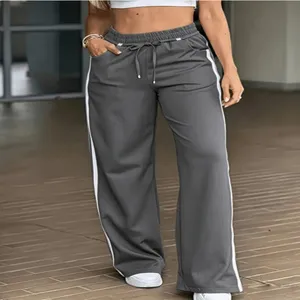 Plus size women's wide leg sweatpants with side stripes, elastic waist casual trousers.