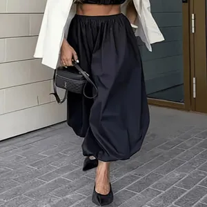 Women high waist casual balloon pants lightweight cuffed trousers solid black trendy streetwear