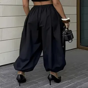 Women High Waist Thin Harem Pants Casual Loose Cinched Cuffs Black Lantern Pants Detail