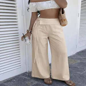 Pantaloni lunghi larghi a vita alta da donna, pantaloni casual con lacci per vacanze estive.