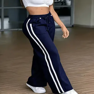 Navy blue wide-leg sweatpants with double white side stripes and comfortable drawstring waist.