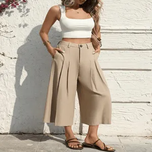 Detailed view of women's high-waisted cropped wide-leg pants in khaki, showing smooth drape.