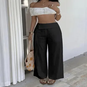 Pantaloni lunghi a vita alta con lacci per donna, comodi pantaloni casual per le vacanze.