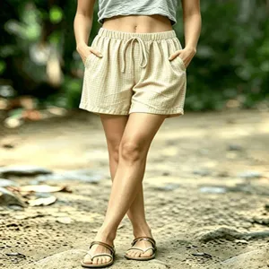 Casual waffle knit elastic waist summer shorts for women beach casual wear detail view