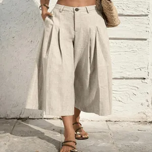 High-waisted wide leg cropped pants for women, lightweight summer casual loose trousers.