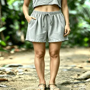 Detail of women summer casual waffle shorts with elastic drawstring waist and cozy fit.