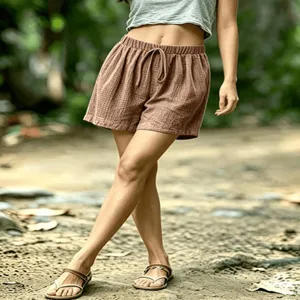 Casual brown waffle knit shorts detail, comfortable loose fit with drawstring elastic waist.