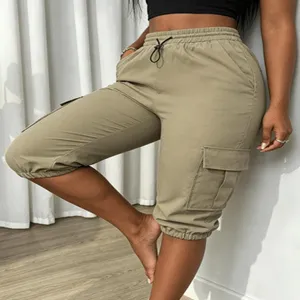 Women's Casual Cargo Capris Slim Streetwear Solid Color Drawstring Elastic Waist Pockets Cropped Pants