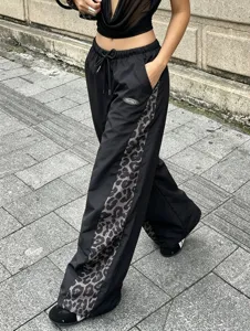 Y2K streetwear black wide leg sweatpants with leopard side stripes, high waist casual pants.