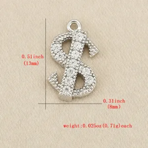 Zirkon besetzter Dollarzeichen Metall Anhänger DIY Zubehör, silberfarbene Kupferbasis, 13x8mm.