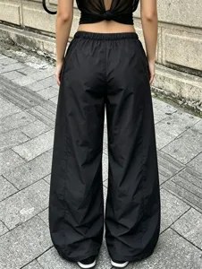 Black wide leg parachute pants women Y2K casual streetwear loose nylon trousers comfy activewear