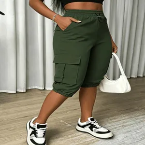 Women green cargo capris casual streetwear drawstring high waist cropped pants with pockets.