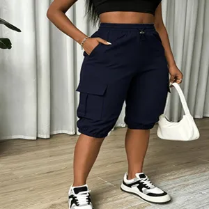 Women casual cargo capri pants solid color drawstring high waist elastic loose trousers.