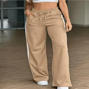 Pantaloni tuta donna gamba larga con strisce laterali kaki vita elastica cordoncino