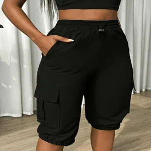 Women black cargo capris streetwear elastic waist drawstring casual pants daily wear