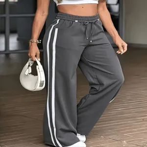 Pantaloni casual da donna a gamba larga con bande laterali, vita elastica, stile comodo.