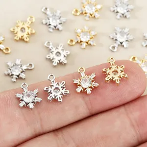Snowflake charm detail view, cubic zirconia crystal inlay, perfect for DIY handmade necklaces and earrings.