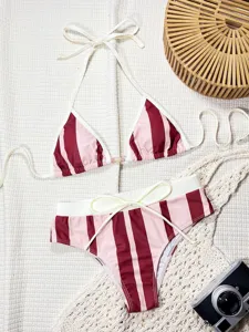 Women Two Piece Bikini Swimsuit Pink Striped High Waisted Halter Swimwear Beachwear