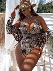 Sexy Leopard Print Einteiler Badeanzug mit passendem langarm Hemd Damen Strandmode