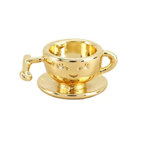 Pendentif tasse et soucoupe à café dessin animé 3D plaqué or, bijou DIY mignon.
