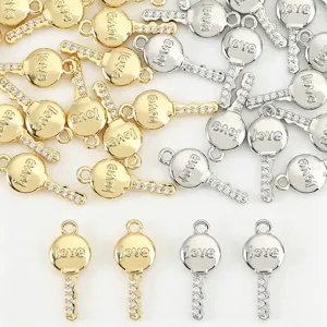 Copper Rhinestone Key Pendant Love Engraved Charms Gold Silver Plated DIY Accessories For Necklace Earrings Jewelry Making