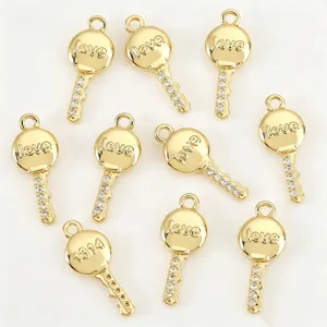 Gold-plated rhinestone key charms, love and 1314 engraved DIY jewelry making pendants.
