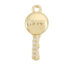 Gold plated key pendant charm with love text and clear rhinestones for DIY jewelry making