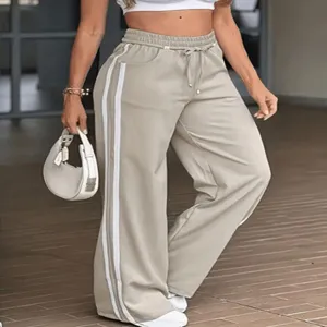 Pantaloni Casual da Donna Elastici a Vita Alta Con Coulisse Comodi Gamba Larga Sportivi Con Strisce Laterali in Poliestere Joggers Quotidiani