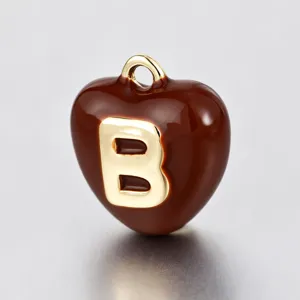 Brown enamel heart letter B pendant with gold hanging loop for DIY jewelry accessories