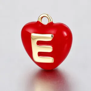 Red enamel heart pendant with gold letter E relief, perfect for DIY jewelry making accessories.