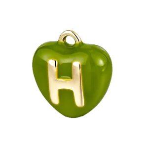 Green enamel heart letter H pendant gold plated DIY jewelry charm accessory for necklace making