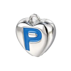 Silberner Herzanhänger mit blauem emaillierten Buchstaben P für DIY Halskette Armband Schmuck