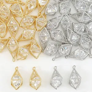 Fashion Copper Electroplated Hollow Geometric Rhombus Rhinestone Pendant Charms For Handmade DIY Bracelet Necklace Crafts Accessories Materials Jewelry Findings