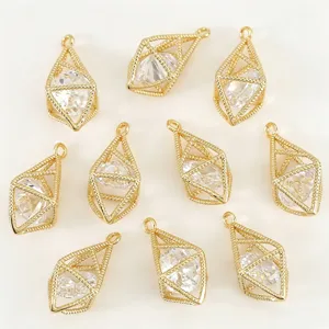 Gold geometric openwork pendant charms, crystal faceted teardrop charms for DIY jewelry.
