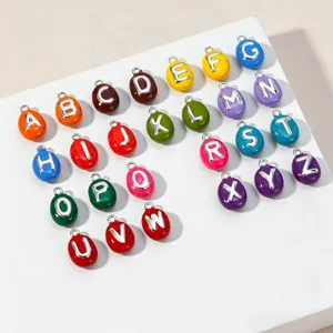 DIY Pure Copper Oval Enamel Alphabet Letter Charms Double Sided English Initials Pendant Semi Finished Handmade Jewelry Craft Making Accessories
