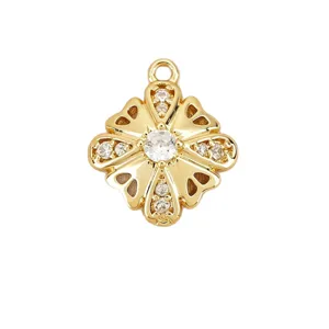 Pendentif fleur creuse quatre pétales zircone laiton plaqué or création bijoux DIY.