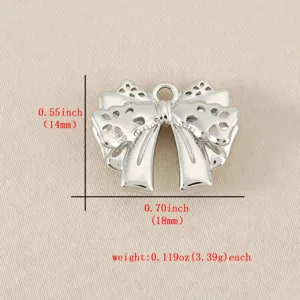 Silver hollow bow pendant DIY jewelry accessory charm, smooth metal craft size 14x18mm