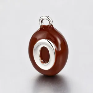 Close-up detail of the brown enamel oval letter O pendant, showing smooth glossy oil drop finish.
