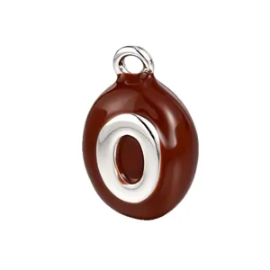 Brown enamel letter O pendant, pure copper oval DIY charm for jewelry making and crafting parts.