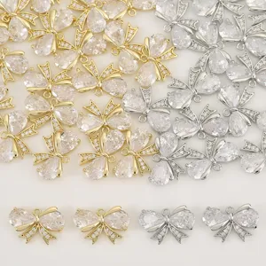 DIY Jewelry Accessory Bow Knot Pendant Copper Plated Rhinestone Charms For Earrings Necklace Making Handcraft Findings