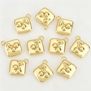 Gold metal cherry charms for DIY jewelry making, cute embossed square pendant accessories new