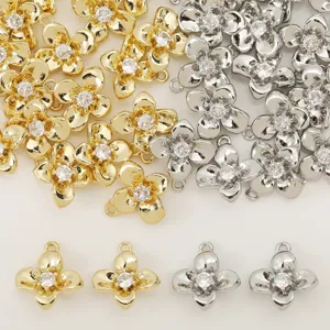 Copper 18K Gold Plated Zirconia Four Petal Flower Charms For DIY Jewelry Making Necklaces Bracelets Handmade Accessories