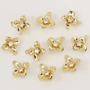 18k gold plated cubic zirconia four petal flower pendant DIY jewelry making accessories charm
