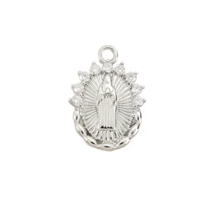 Silver tone cubic zirconia Virgin Mary pendant charm, elegant religious DIY accessory.
