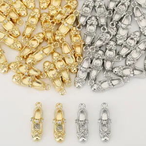 18K Gold Plated Copper Ballet Shoe Pendant Charm With Bowknot Zirconia For DIY Jewelry Making Accessories Sweet Elegant Metal Charm