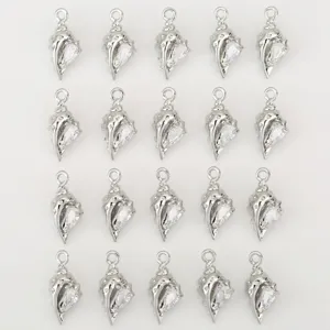 Silver shell conch pendant with clear cubic zirconia, sparkling DIY jewelry making charm.